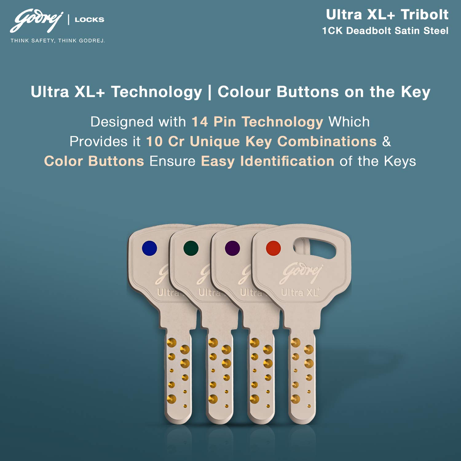 Godrej Rim Lock l Tribolt Ultra XL+ I 1CK Deadbolt l for Inside Opening, Double and Sliding Wooden Doors l Left/Right-Handed Doors l 4 Keys l 5 Year Warranty l Manual Locking I Satin Nikel Finish — Amazon image 5