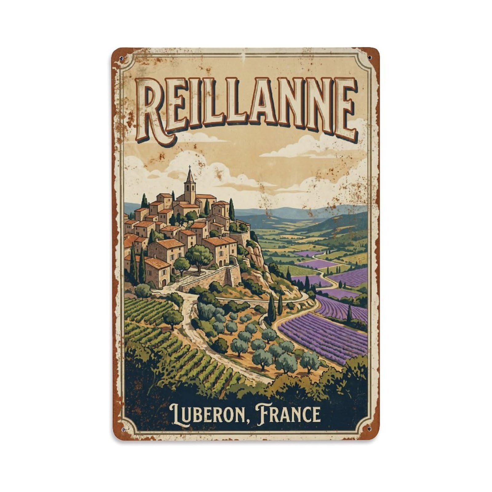 Travel Map Reillanne France Vintage Cartography Cityscape Metal Tin Sign Plaque Wall Decor for Cafe, Man Cave, Club Bar, Office, Home Garden Round Metal Poster 8x12Inch
