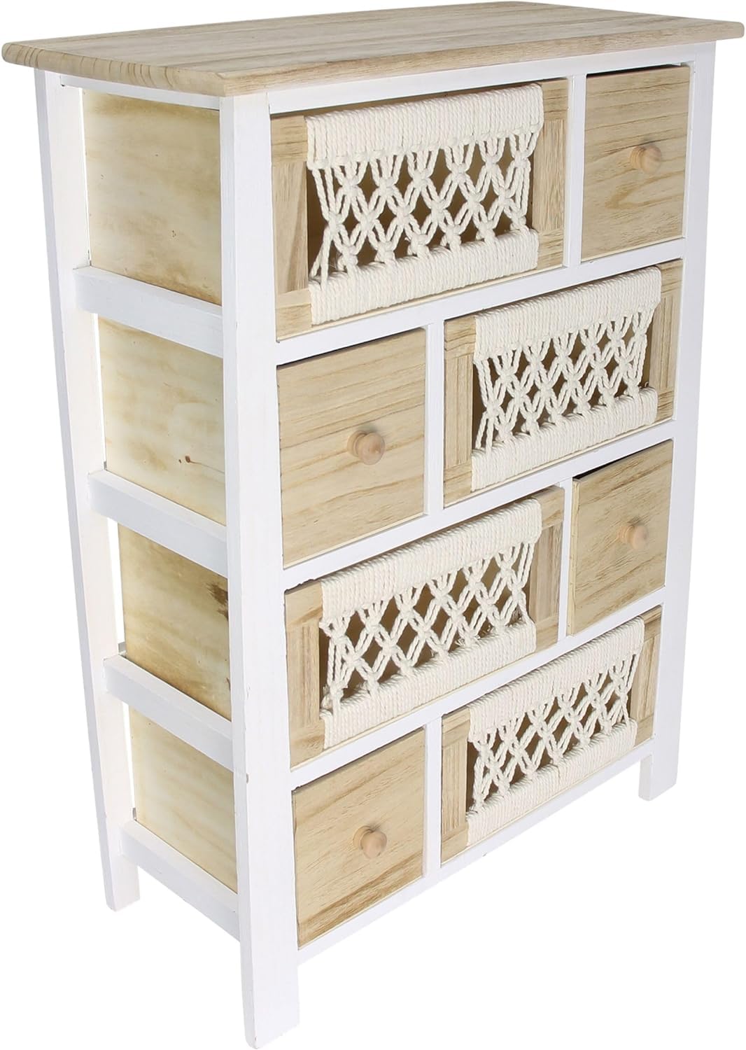 Dekoleidenschaft Kommode Makramee aus Holz & Textil, 56 x 77 cm, 8 Schubladen, Schubladenkommode Boho Chic, Holzkommode, Schubladenschrank, Flurkommode, Nachtkommode, Nacht-Schränkchen, Flurschrank