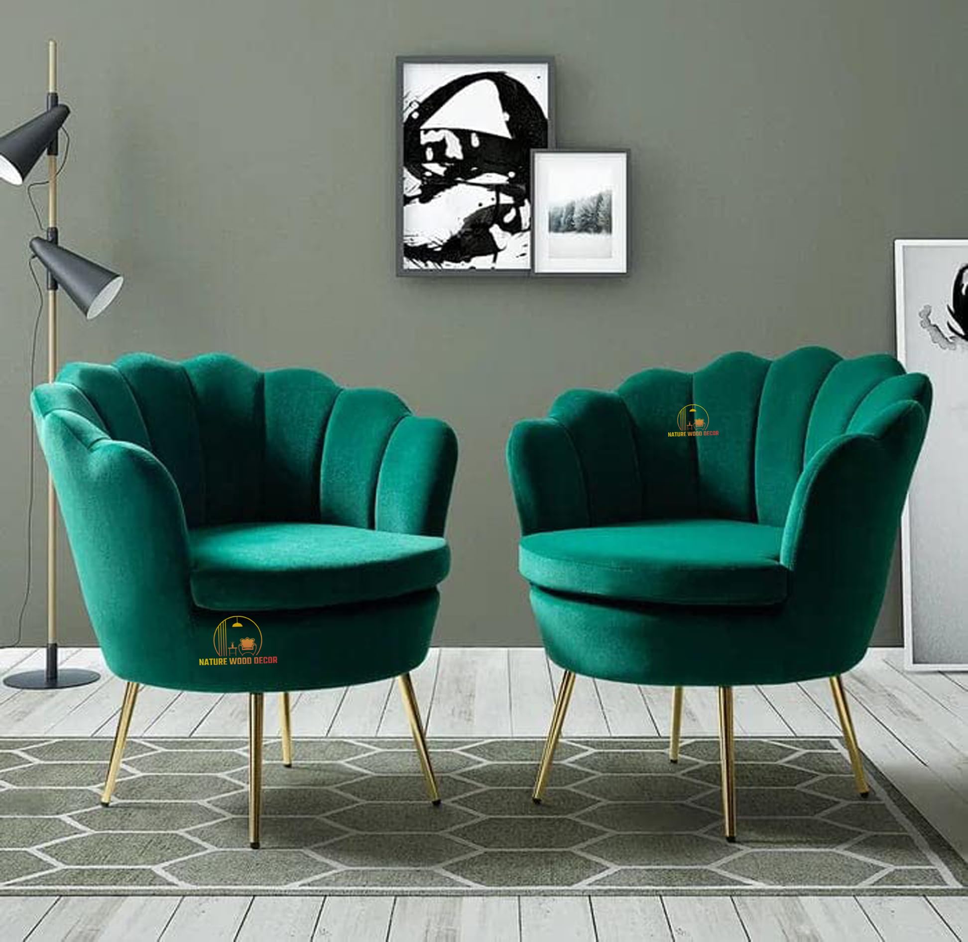 Nature Wood Decor Tufted Barrel Chair (Set Of 2) Fabric Velvet Accent Chair For Living Room, Drawing Room, Bedroom & Office (Design G), Gold (TEAL GREEN)-image-39