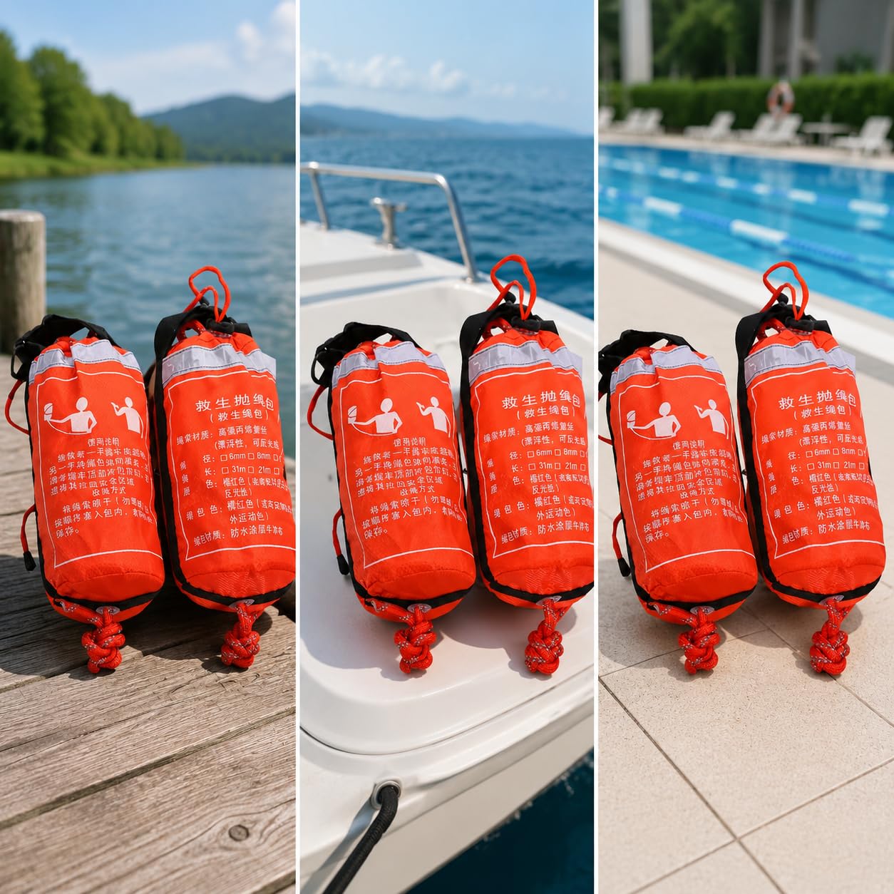 Línea Salvamento para en Agua con Bolsa Nylon Que Evita el Hundimiento y Reflectores para Visibilidad en Condiciones con Mosquetón, Style to 2