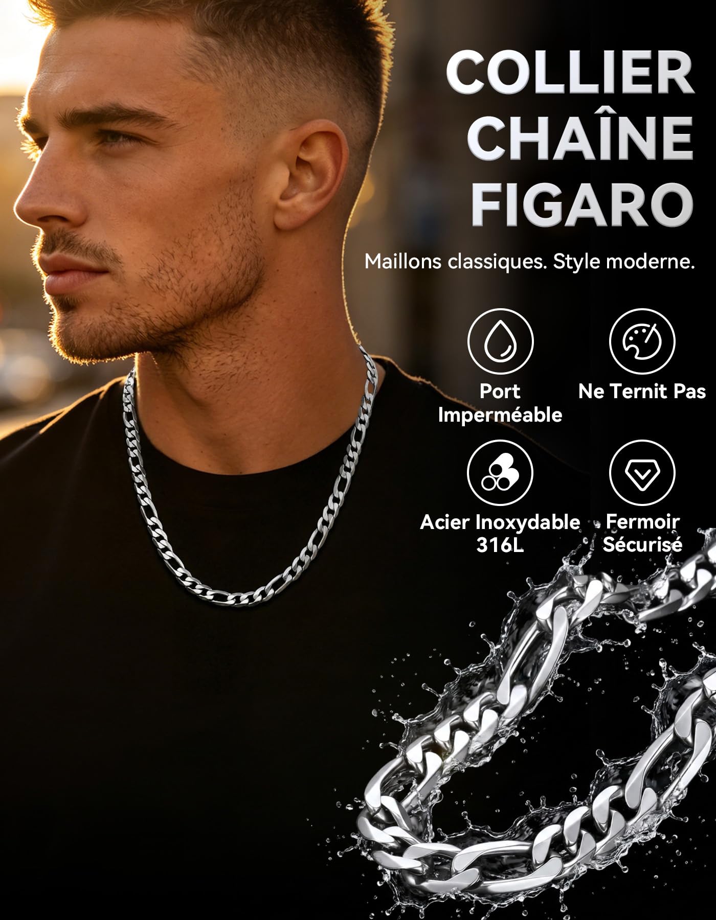 ChainsHouse Chaine Homme Figaro 1+3 Collier Homme Acier Inoxydable Maille Punk Femme Ras de Cou Petit Rock, 4/6/9/13mm Largeur,36-76cm Longeur, Argenté/Doré/Noir Chaîne Bijoux Cadeau Ami