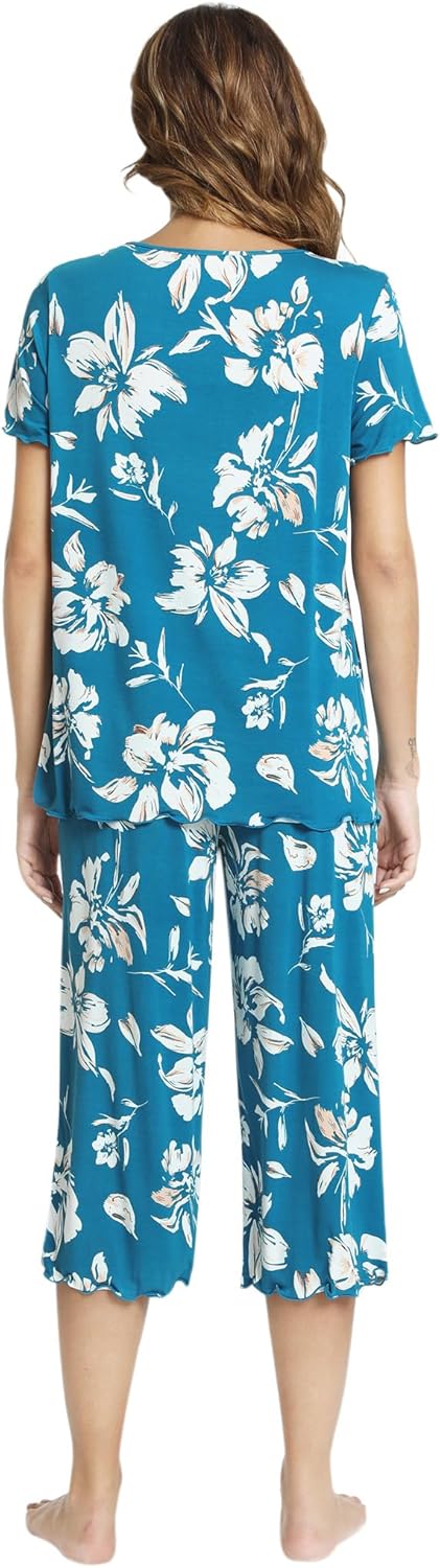 LazyCozy Womens Pajama Sets Viscose from Bamboo Pj Set Short Sleeve Top with Capri Pants Sleepwear 2 Piece Lounge Set - Image 2