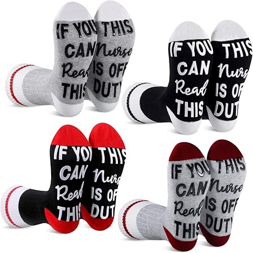 SATINIOR 4 pares de calcetines divertidos para enfermera, con texto en inglés "If You Can Read This Nurse Is Off Duty for Nurse Is Off Duty for
