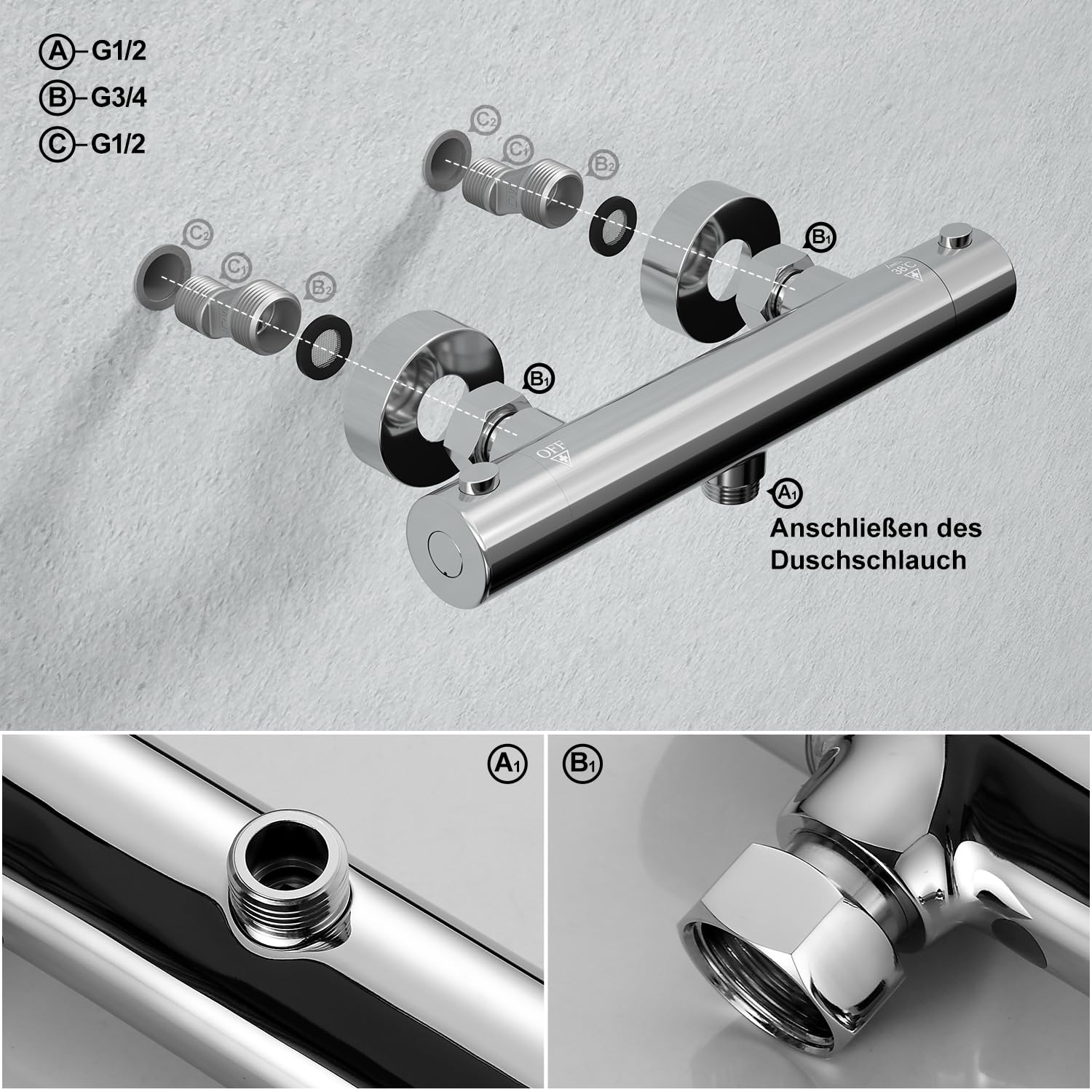 Görbach Thermostat Duscharmatur mit 38 °C Sicherheitstaste, Mischbatterie Dusche Thermostat, Chrom Badewannenarmatur für Dusche und Badewanne