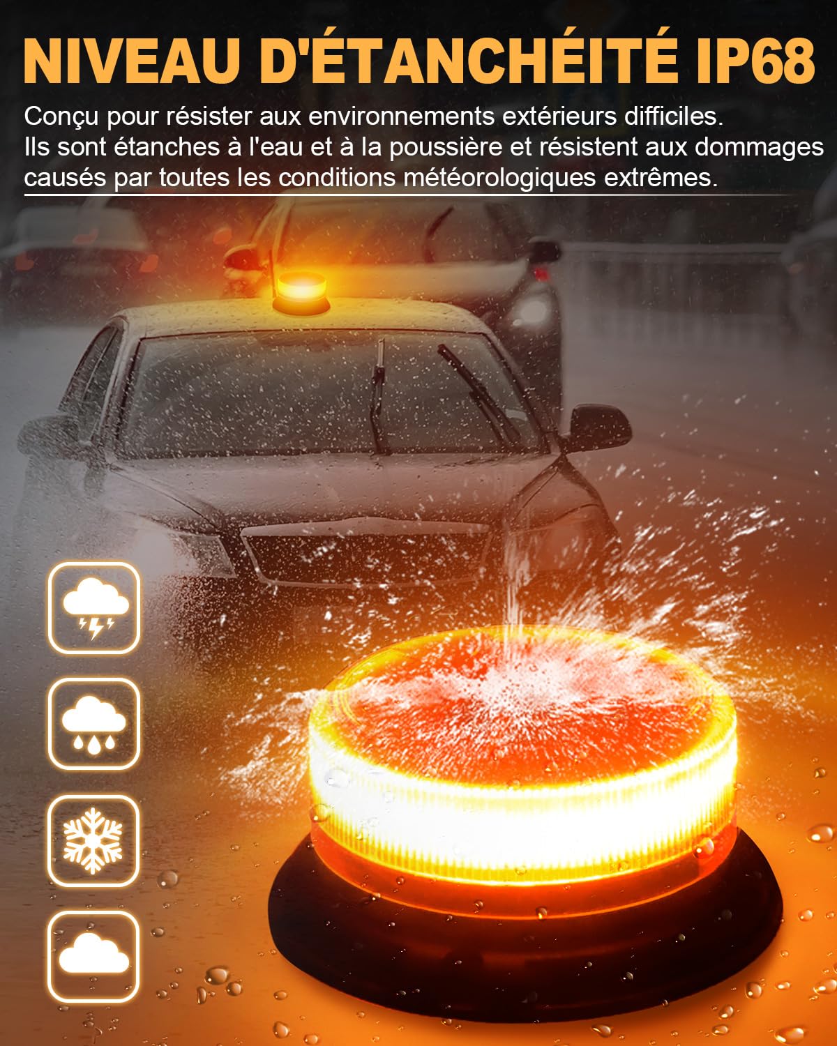 Dinfu 2 Gyrophare LED orange 12V sans fil Rechargeable 12V-24V jaune stroboscopique clignotant magnetique 9 modes Avec câble USB de voiture véhicule Tracteur de golf UTV Car Bus