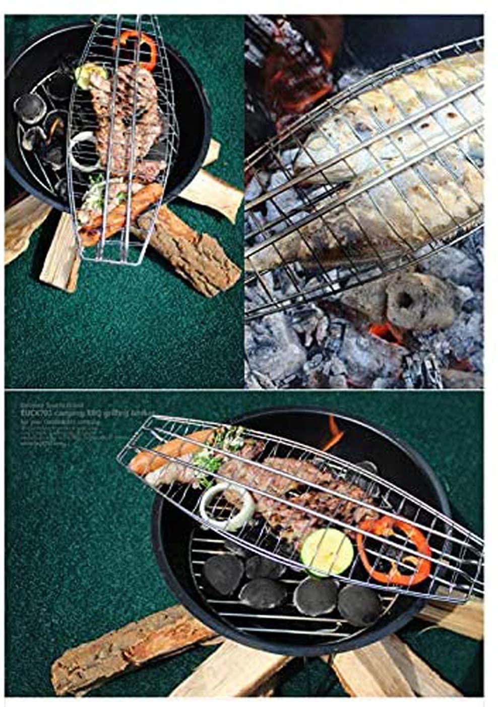 LOMESH Chromium Plated Portable Barbecue Fish BBQ Grill Net Basket Roast Grilling Tray BBQ Clip Folder Grill Barbecue Mesh Camping Grill Hinged Basket with Wooden Handle for Fish Meat Vegetables - Image 6 thumbnail