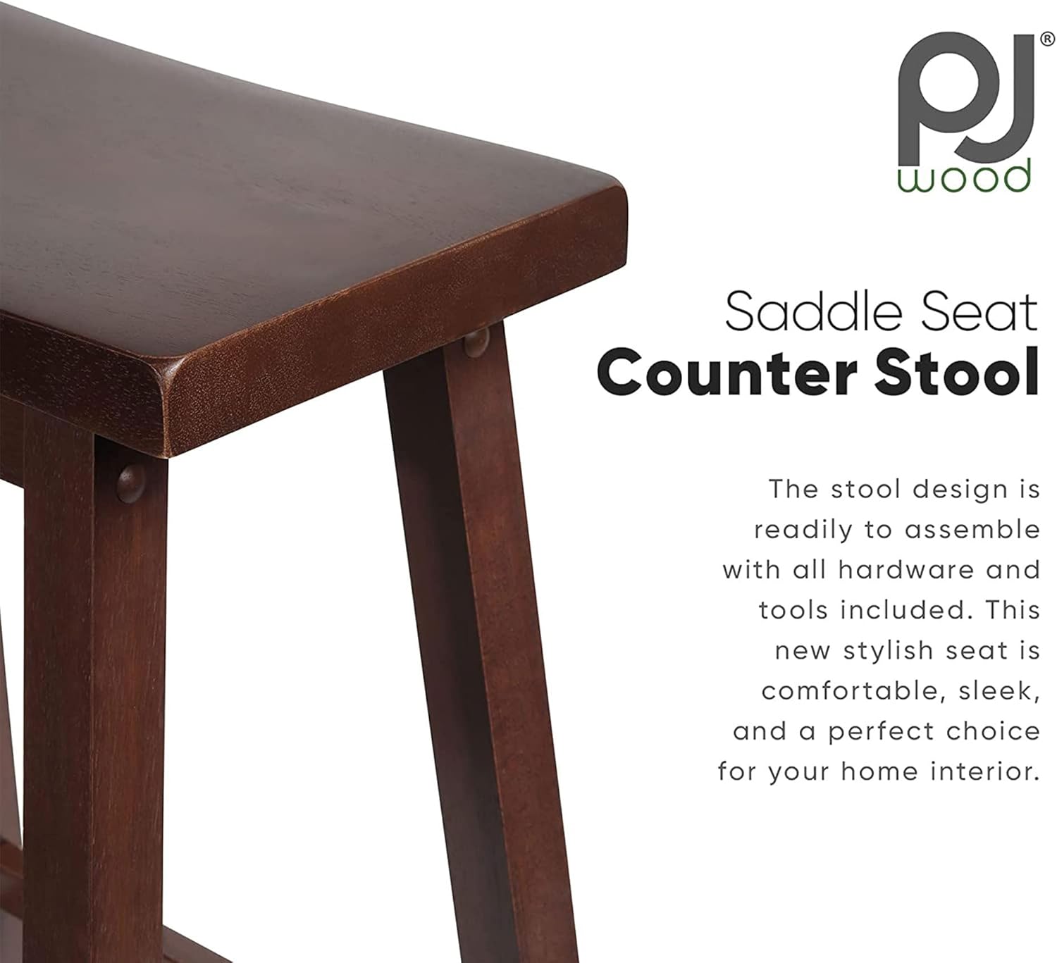 PJ Wood Classic Saddle-Seat 24" Tall Kitchen Counter Stools for Homes, Dining Spaces, and Bars w/Backless Seats, 4 Square Legs, Walnut (Set of 10)