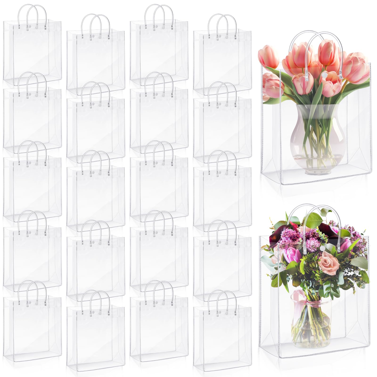 LEIFIDE 50 Pcs Clear Gift Bags with Handles Plastic PVC Gift Bags Transparent Reusable Tote Bags Candy Goodie Bags for Wedding Shopping School Birthday Party Supplies (11 x 11 x 3.9 Inch)