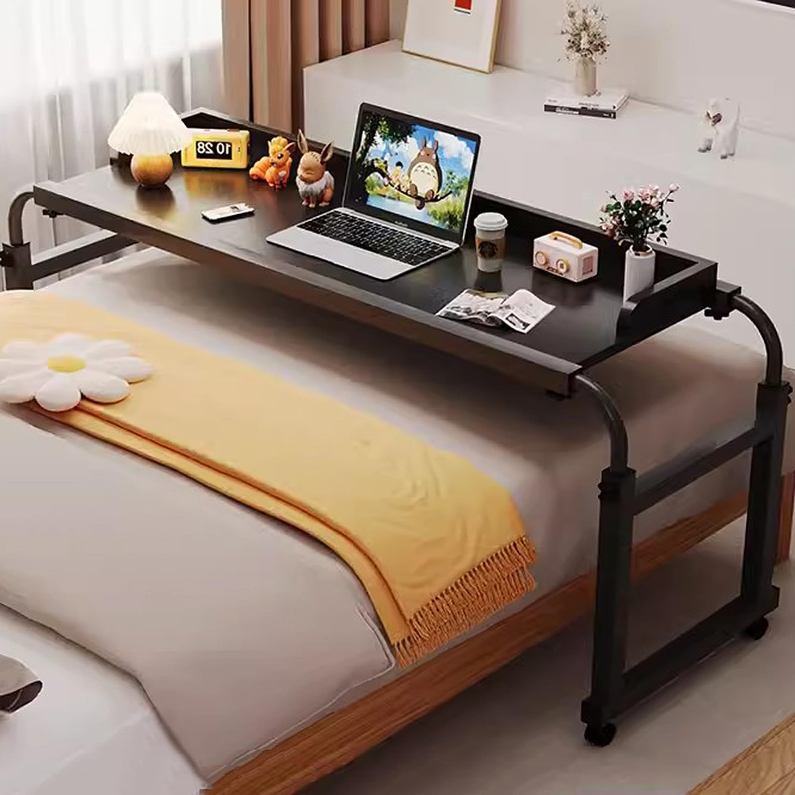 Table de lit avec 4 roulettes et plateau réglable de 115 à 210 cm pour ordinateur