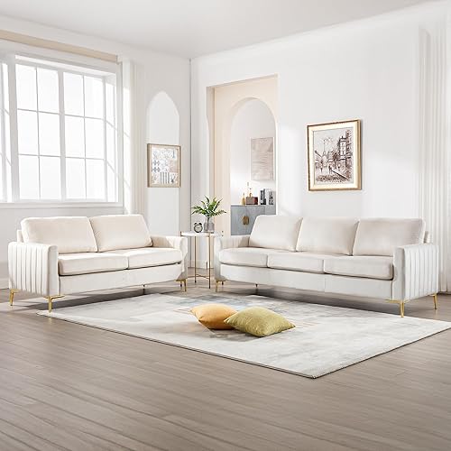 Juego de sofá y sofá biplaza de 2 piezas, cómodos juegos de sofá y sofá biplaza de terciopelo con patas doradas, modernos sofás sofás para