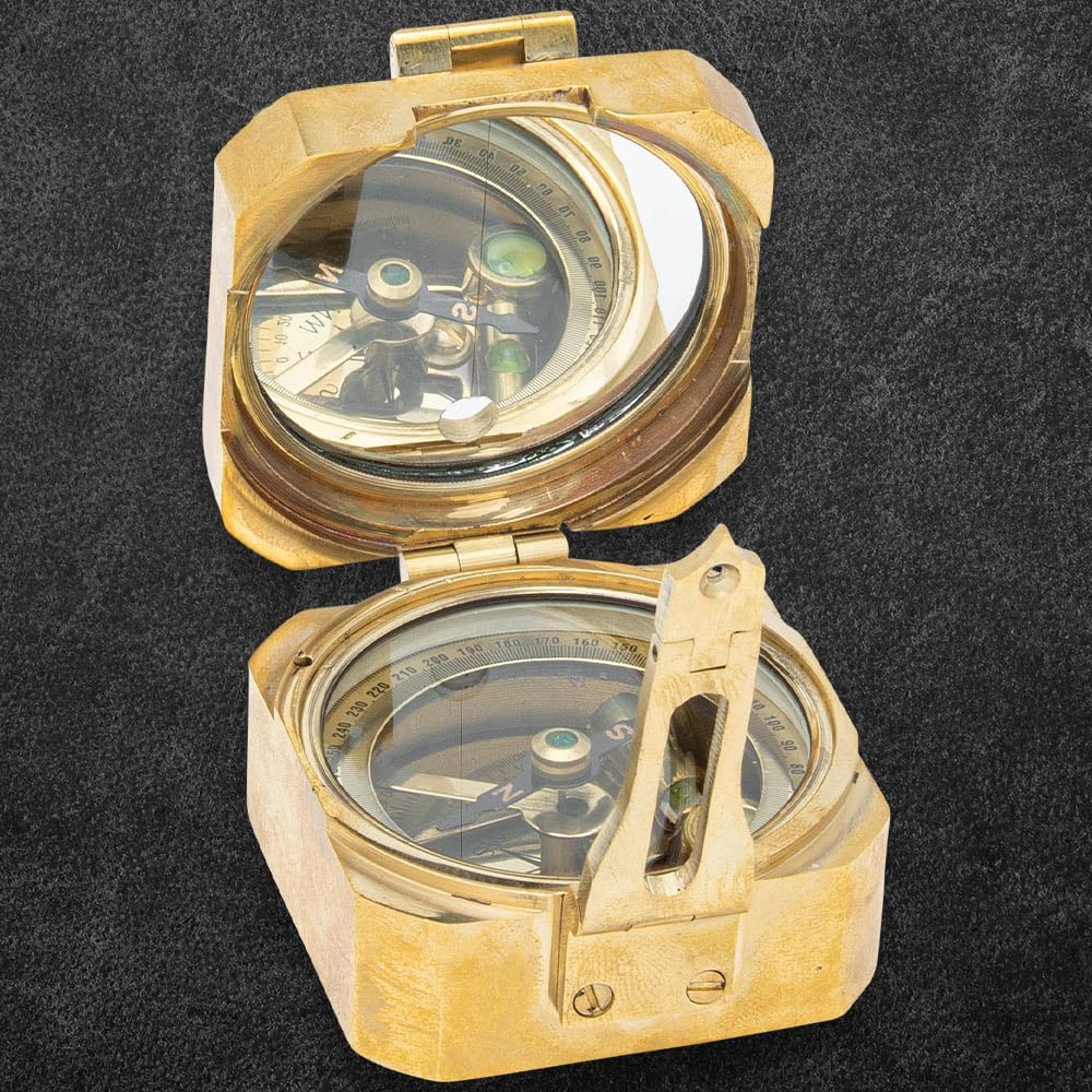Brass Square Case Compass with Wooden Box | Solid Brass Construction | Velvet-Lined Box | Glass Construction | 3" Wooden Display Box | 2" Working Compass