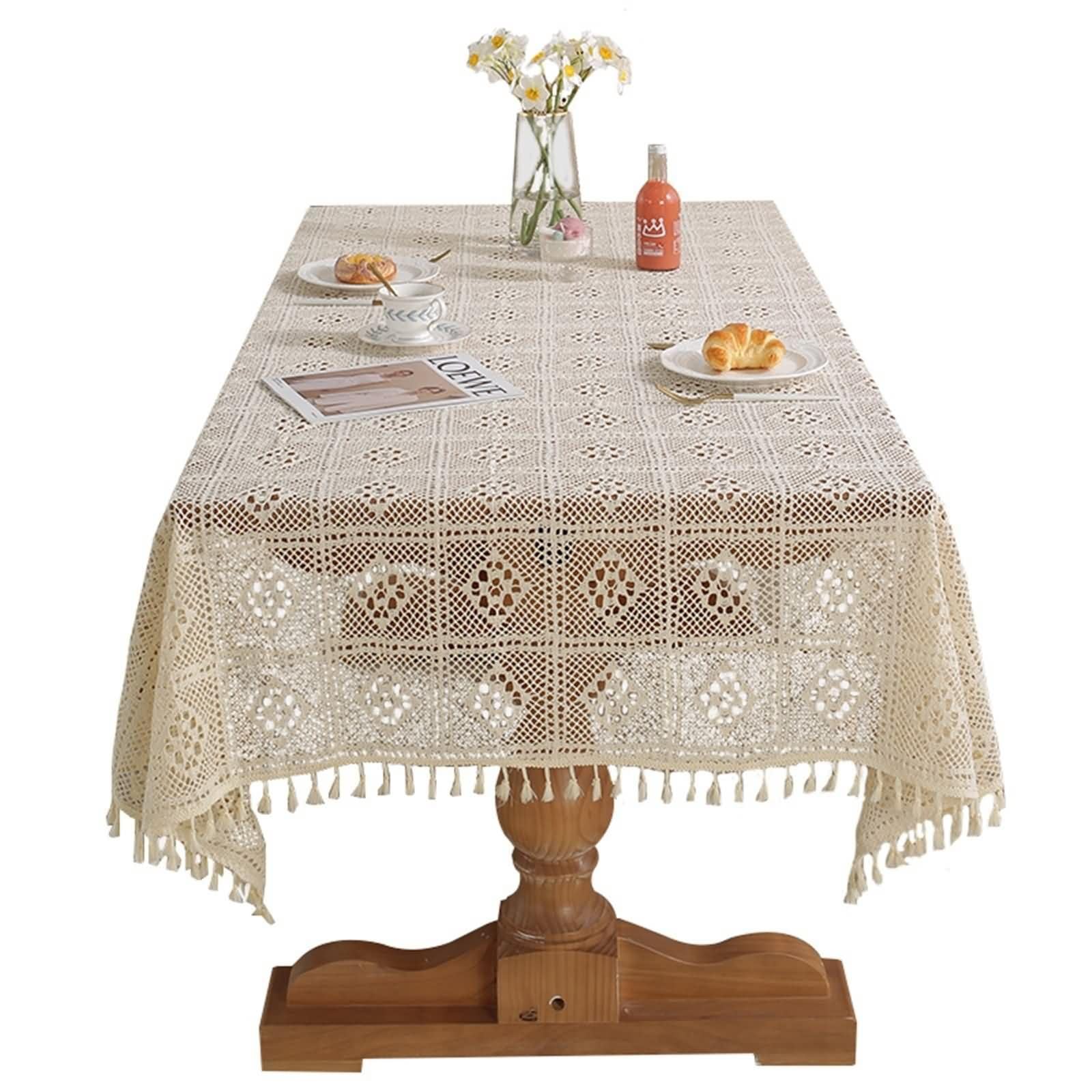 Tovaglia Quadrata Reticolo Cavo con Nappe Tovaglie Cucina Poliestere Beige,180x180CM