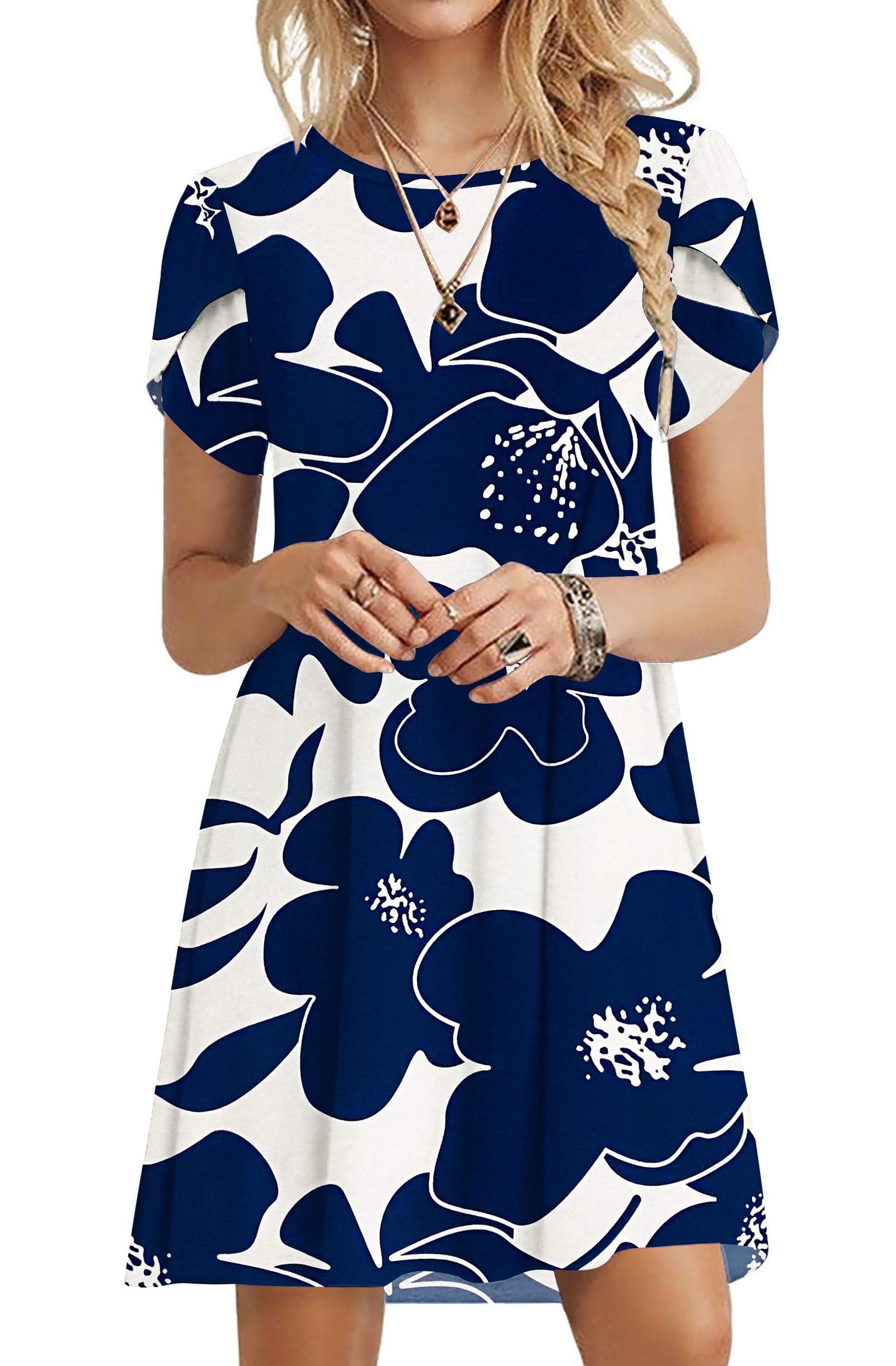 PLOKNRD Sommerkleid Damen Blütenblatt Ärmel T-Shirt Kleid Rundhals Blumenmuster Freizeitkleid Leicht und Luftig mit Taschen