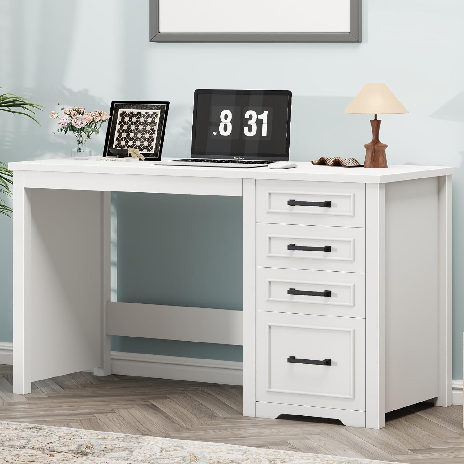 Vabches Farmhouse 49” Executive Desk with File Drawer, 4 Drawers Reversible Computer Desk with Storage, Rustic Home Writing Workstation for Home Office, Cream White