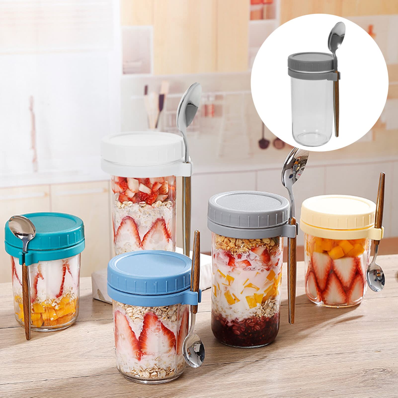 UPKOCH 2 Stück Praktischer Müslibecher aus Glas 600ml mit Löffeln | Deckel aus Kunststoff, Rutschfestes Design, Tragbar für Unterwegs, Haferflockengläser mit Deckel