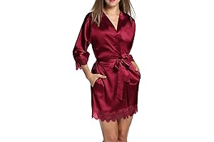 Women’s Sexy Night Robes Silk Satin 3/4 Sleeve Short Lace Trim Bride...