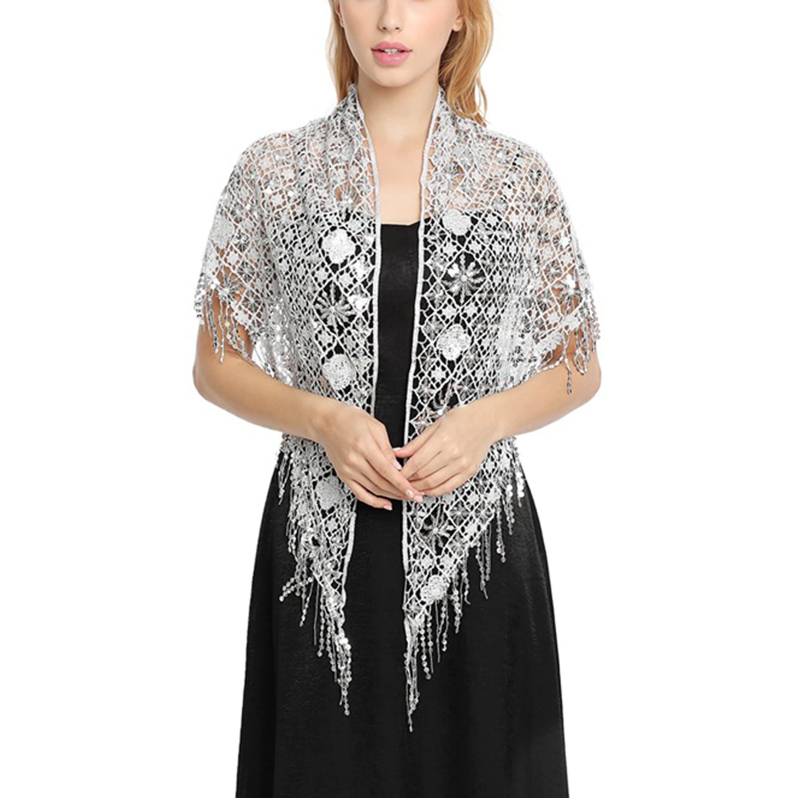 Bufandas de chal triangular de encaje floral para mujer Bufanda de fiesta con borlas de verano para dama Mantones de lentejuelas para novia para vestidos de fiesta de noche de boda 04-135-175 CM (2