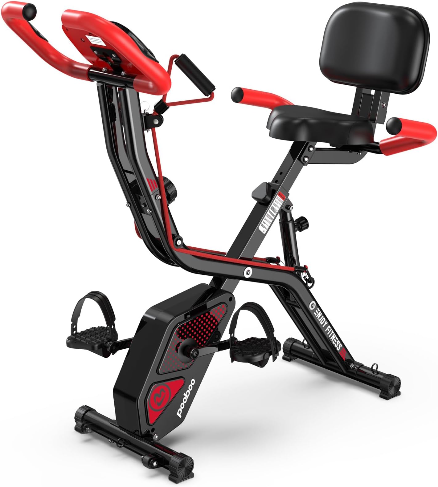 pooboo Folding Exercise Bike, Fitness Stationary Bike Machine, Upright Indoor Cycling Bike, 4-in-1 Magnetic X-Bike with 8-Level Adjustable Resistance, Bottle Holder, Arm Resistance Bands, Pulse Sensor