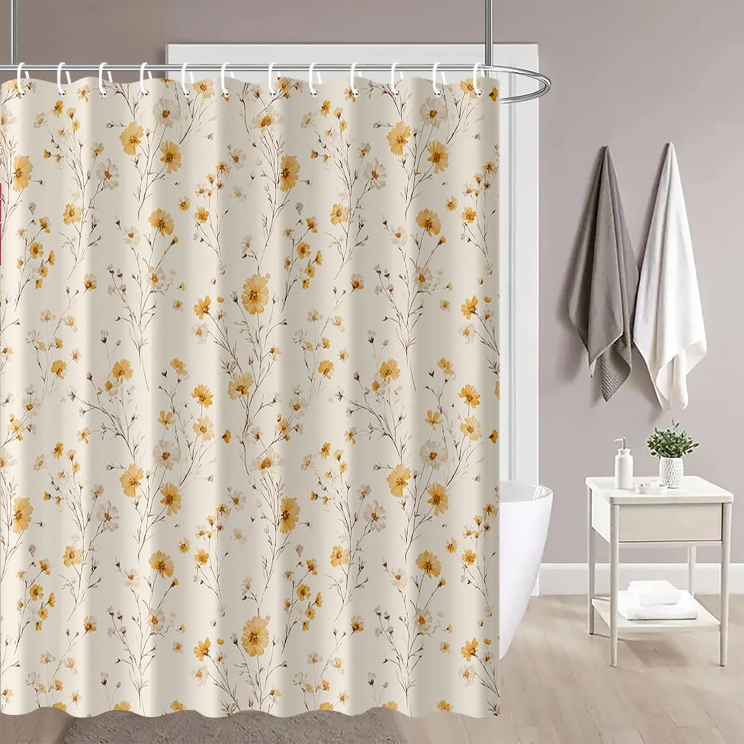 Yellow Floral Shower Curtain 72x72 Inch Wildflower Botanical Pattern Beige Background Cute Cottagecore Vintage Bathroom Decor for Women Girls Farmhouse Tub Stall