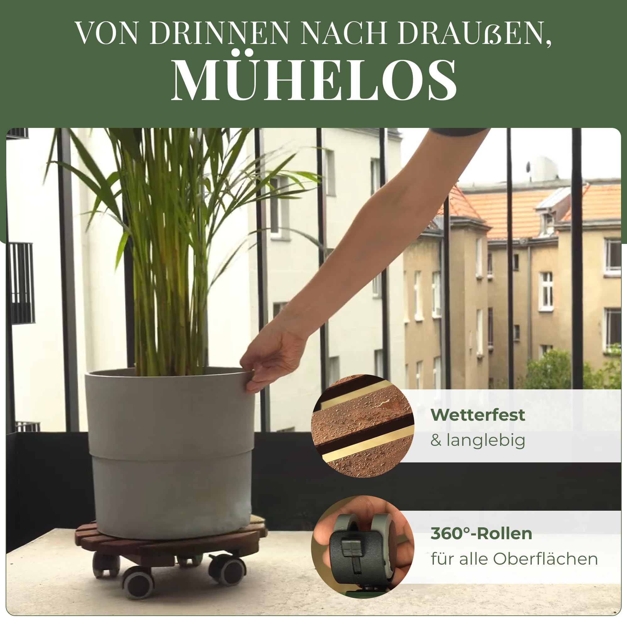 Pflanzenroller Outdoor Rund Ø 30 cm | 2er-Set Blumentopf Untersetzer mit Rollen aus FSC-Erlenholz, bis 100 kg, leise 360° Gummirollen mit Bremse, Rollbrett für Pflanzen Innen & Außen wetterfest