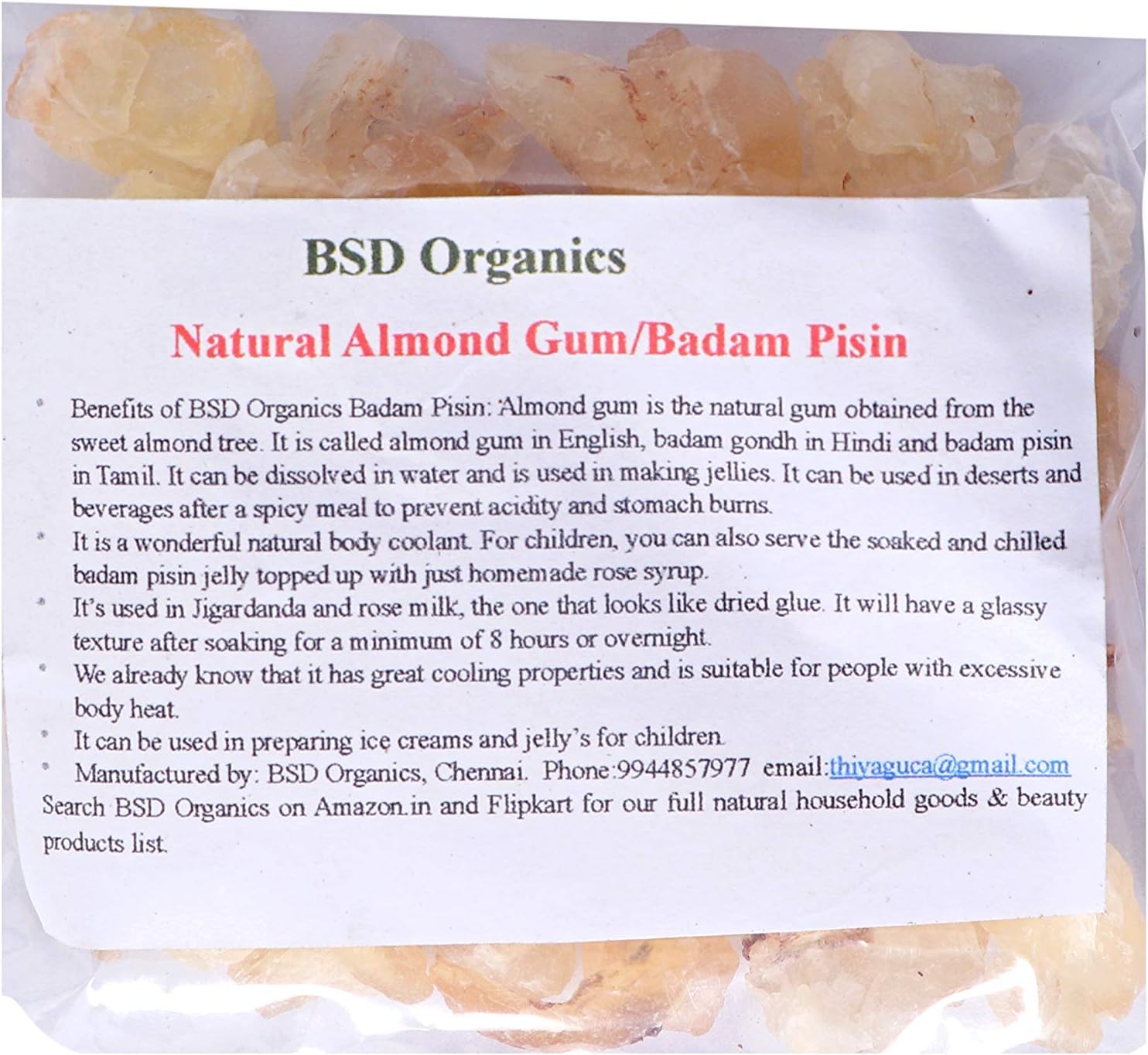 Natural Almond Gum/Badam Pisin/Badam Gum/Gondh Katira for ice cream, milk shakes, Jigarthanda, Body coolant, Natural Jelly,Tasty & delicious drink,and more-500 grams
