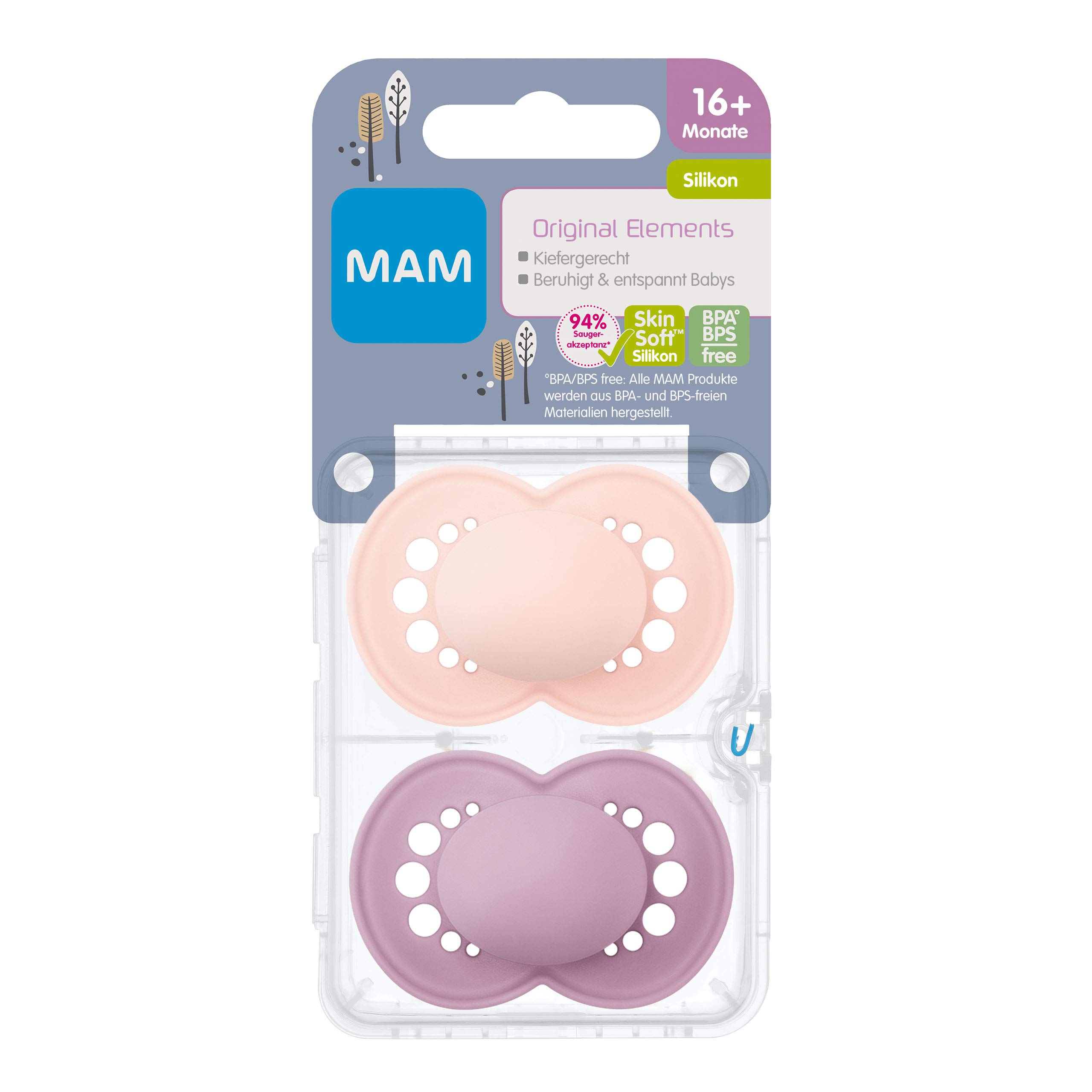MAM Original Elements dummy, symmetrical and orthodontic baby dummy made of SkinSoft silicone, breastfeeding-friendly shape, with dummy box, 16+ months, pink/purple, set of 2 - 3