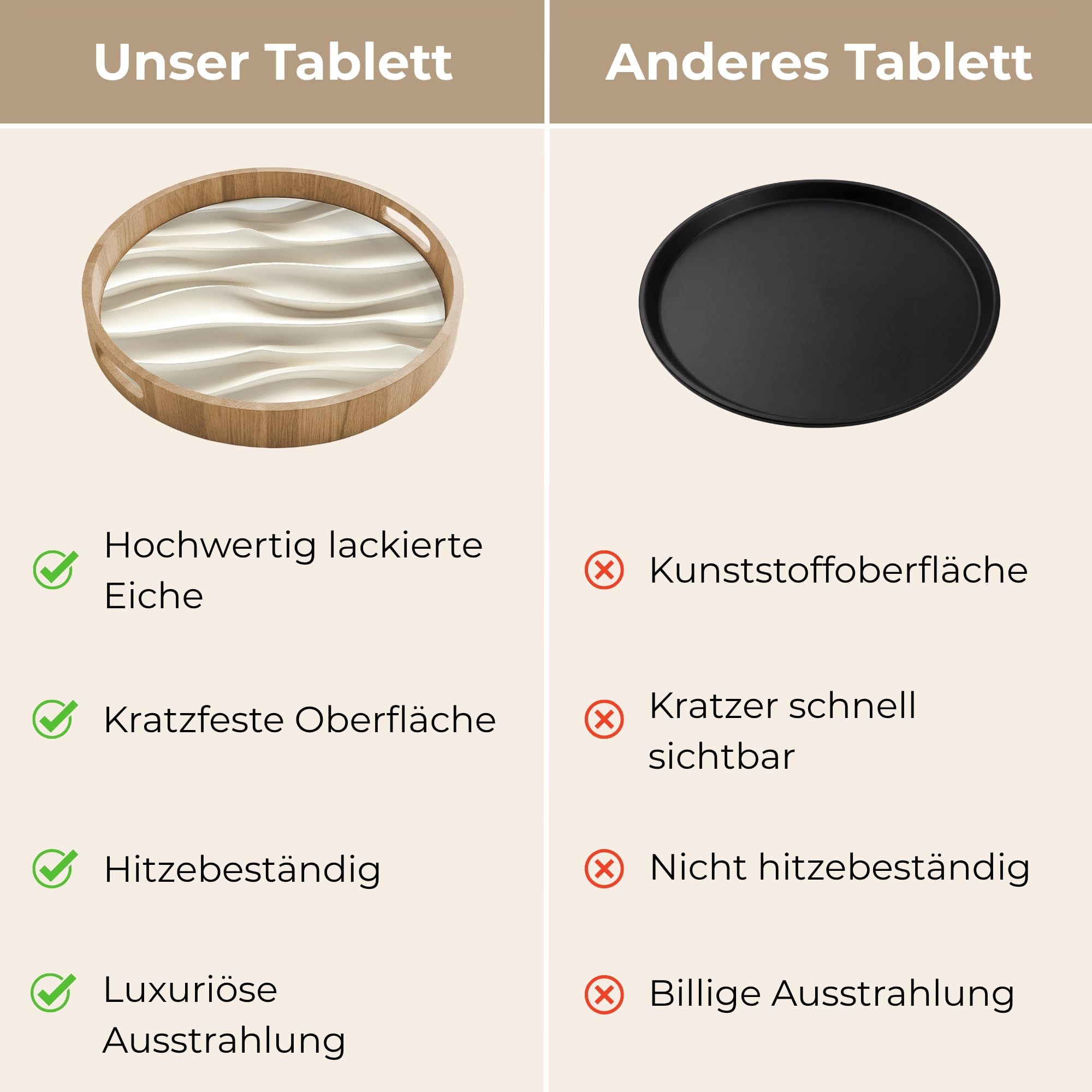 Tablett Rund 40x40 cm Serviertablett rutschfest Griff Küchentablett Servierplatte Eiche Holztablett Hitzebeständig Kaffeetablett Diagonal - Wellen - Creme