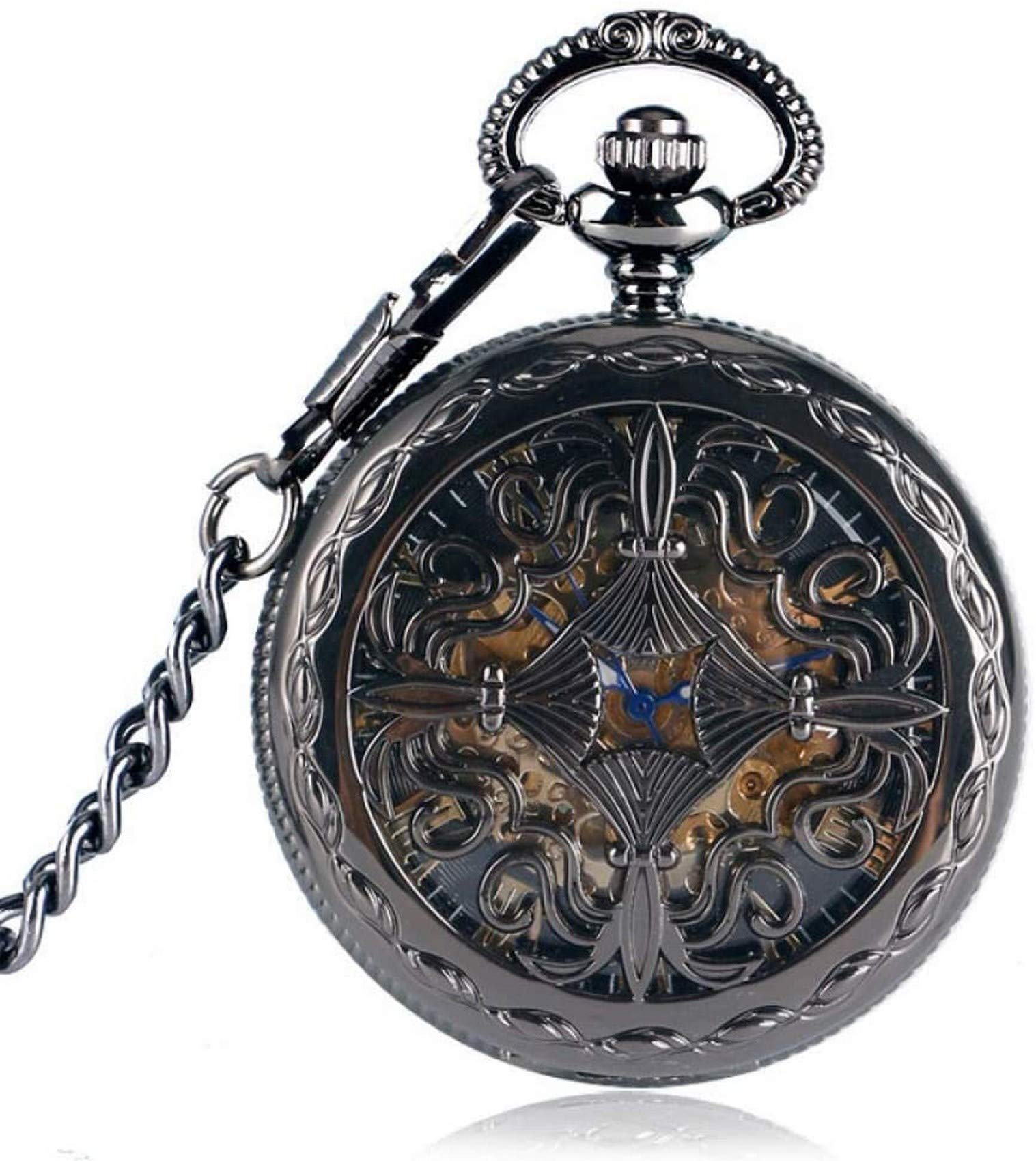 Reloj de bolsillo automático SteamSkeleton con rejillas góticas y cadena