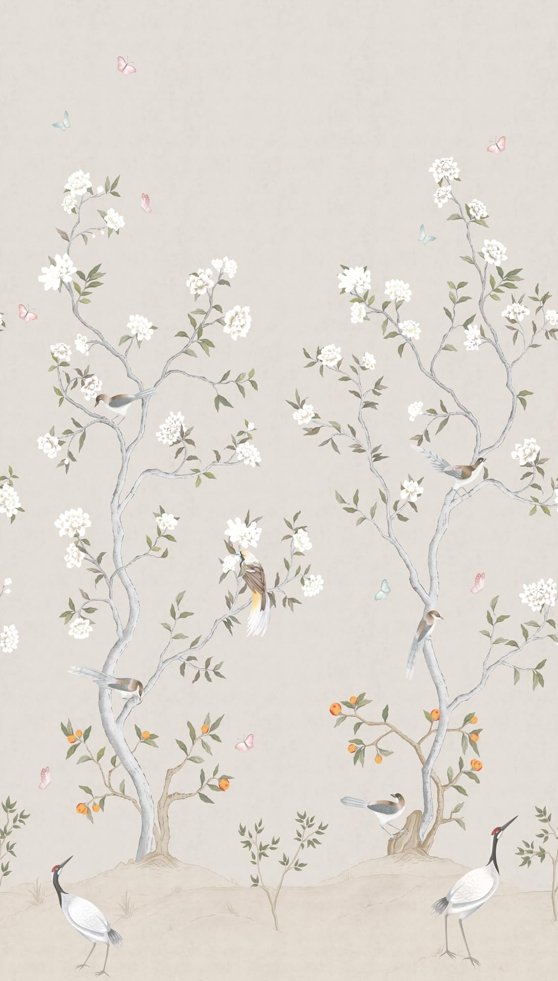 Papier peint fleurs et oiseaux beige Sanders & Sanders pour un salon lumineux