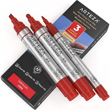 Arteza Acrylic Paint Markers, Pack of 3, A200 Vermilion, 1 Thin and 2 Thick Chisel + Bullet Nib Acrylic Paint Pens, for Metal, Canvas, Rock, Ceramic Surfaces, Glass, Wood, and Fabric
