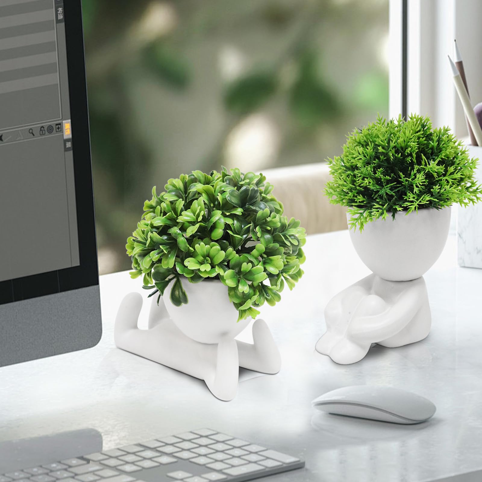 MAKHOT Paquete de 4 plantas suculentas artificiales creativas en macetas de cerámica con forma humana, lindas suculentas sintéticas para habitación, baño, hogar, oficina, escritorio, decoración