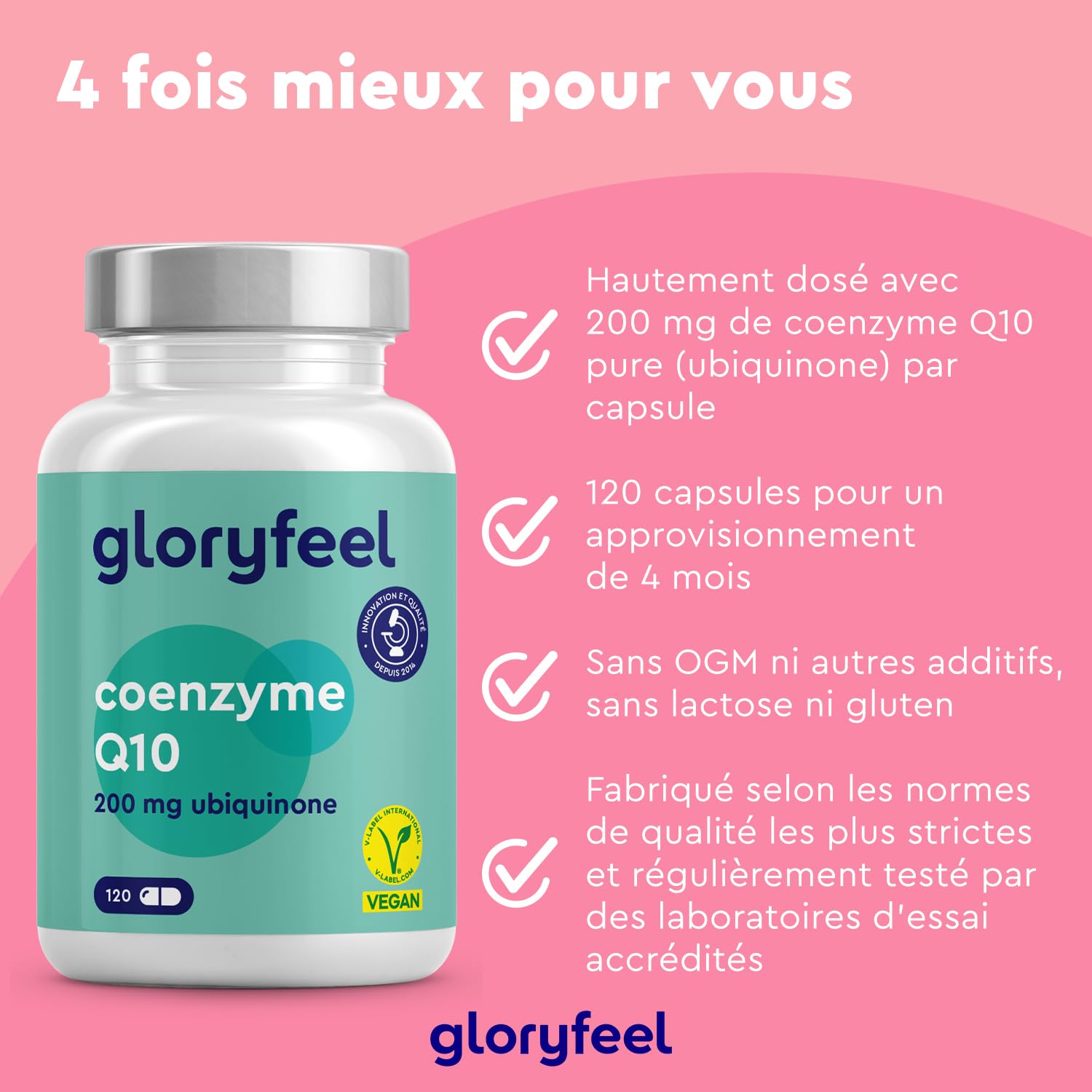 Coenzyme Q10 200mg Pure, 120 Capsules pour 4 Mois, Antioxydant Fort et Hautement Biodisponible, Contient CoQ10 Ubiquinone, 100% Végétalien et Testé en Laboratoire, Sans Arômes et Additifs Artificiels