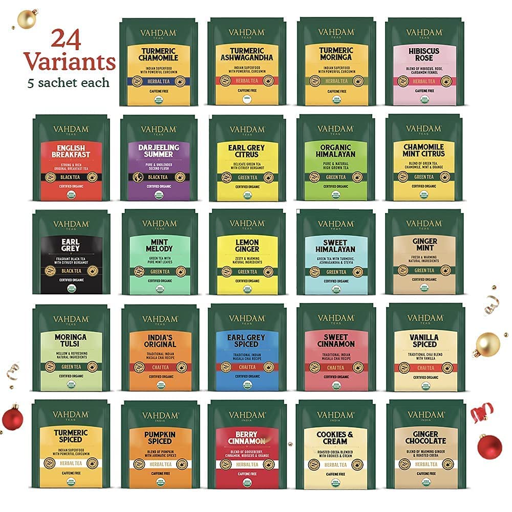 Amazon.com: VAHDAM, Christmas Tea Gift Sets - 24 Varieties of Organic Teas  in Holiday Gift Box | 120 Organic Tea Bags, Natural Ingredients, Gluten Free  | Christmas Gifts for Women & Men,
