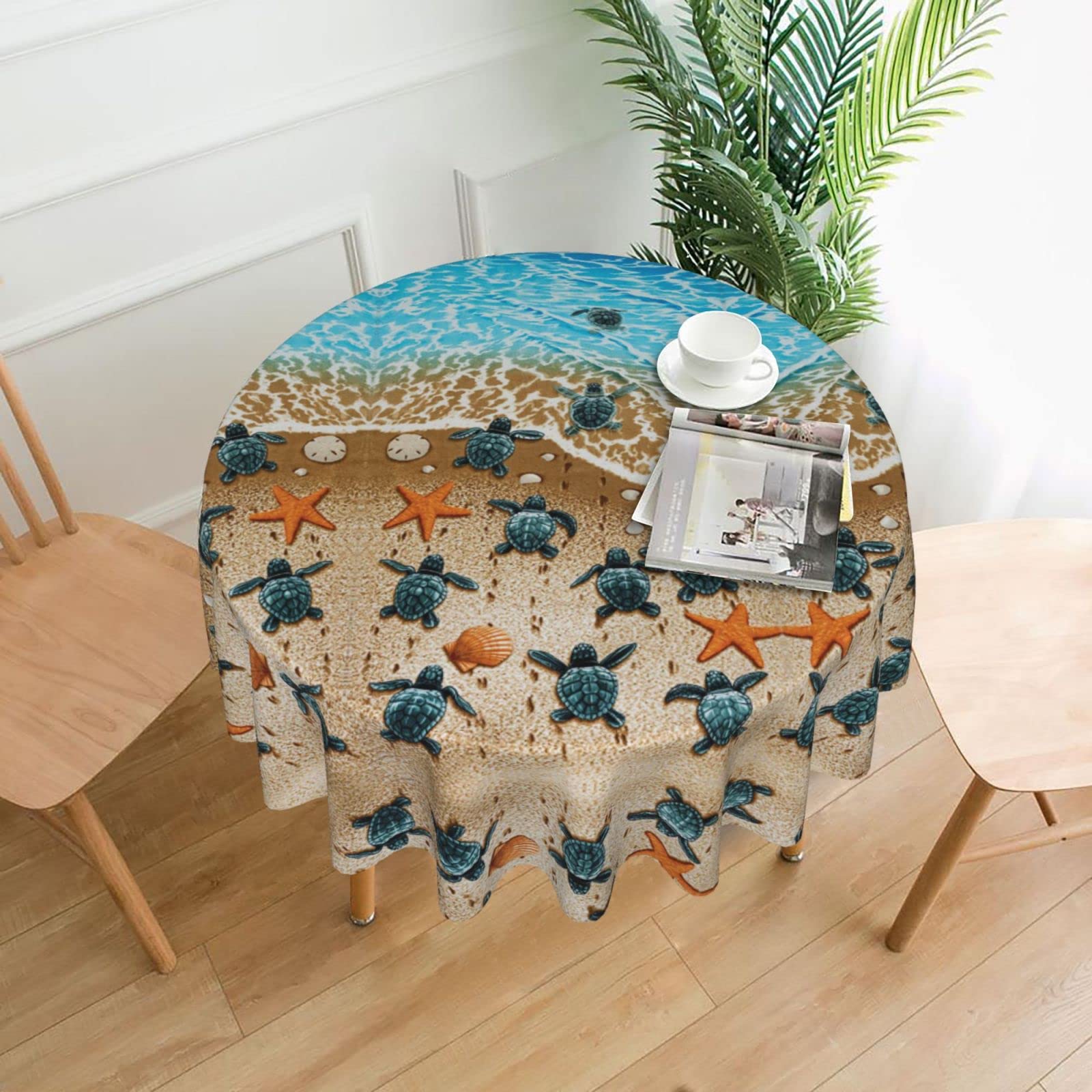 Lawenp Turtles On The Beach Decorative Round Table Cloths - 60 Inches in Diameter for Buffet Tables, Parties, Holiday Dinners.