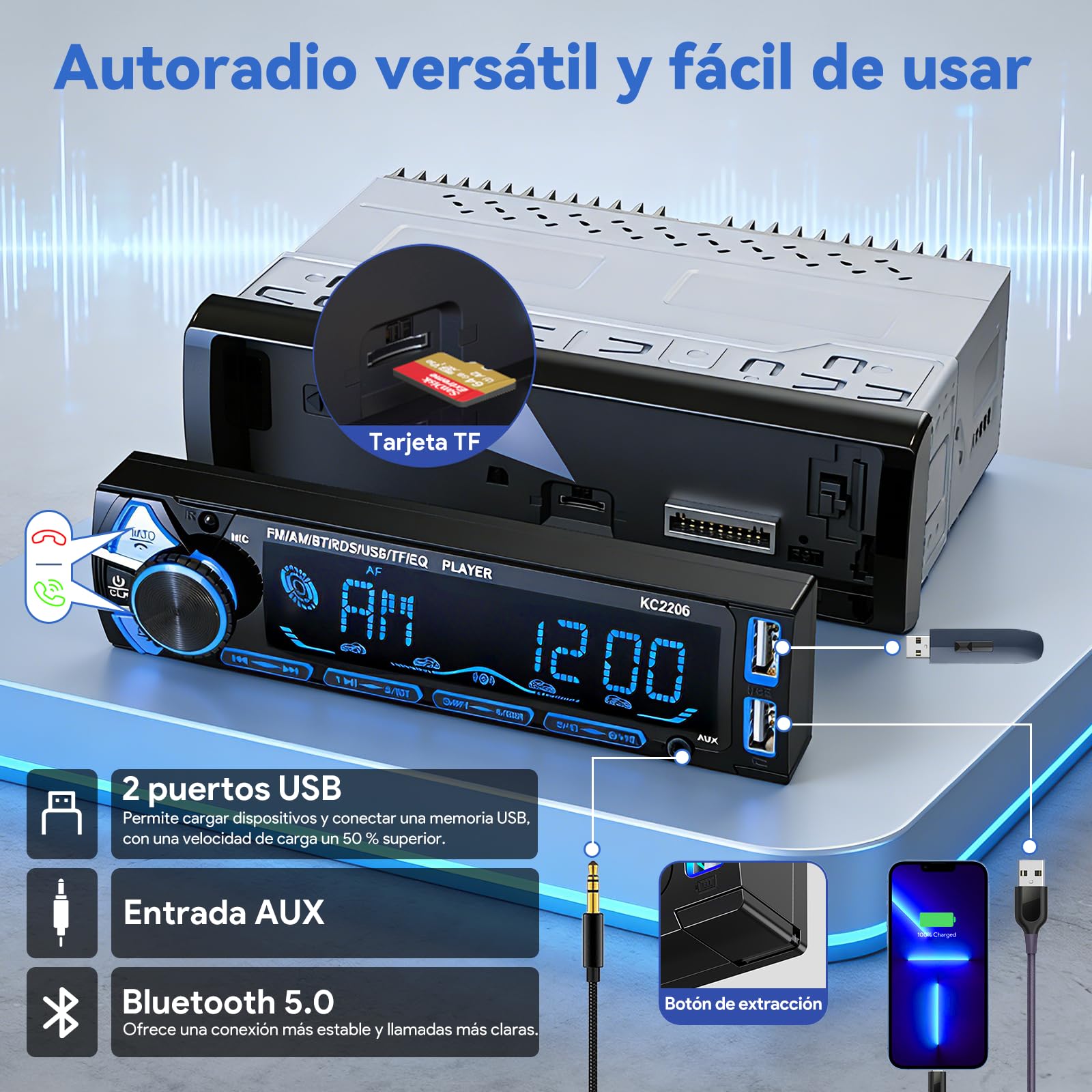 Radio Coche Bluetooth Extraible, Wistrue RDS Autoradio Bluetooth 5.0,FM/Am 1DIN Autoradio Stéreo Soporta MP3/2USB Carga rápida/AUX/SD Compatible con Android y iOS