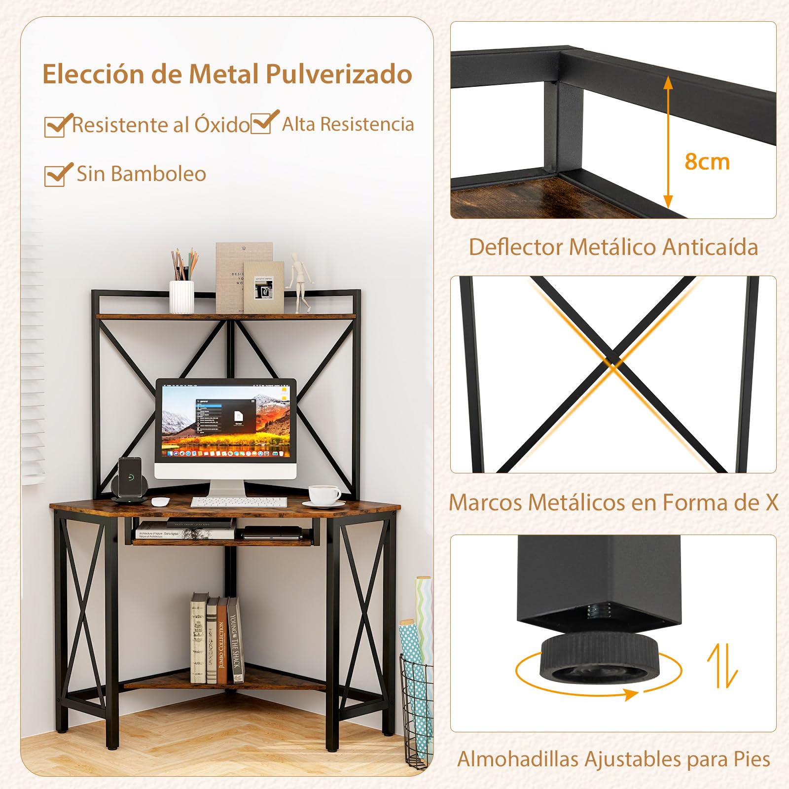 COSTWAY Escritorio para Computadora con Estantes, Escritorio de Esquina Que Ahorra Espacio con Bandeja para Teclado, Mesa Triangular para Oficina con Marco de Metal para Hogar Oficina(Marrón + Negro)