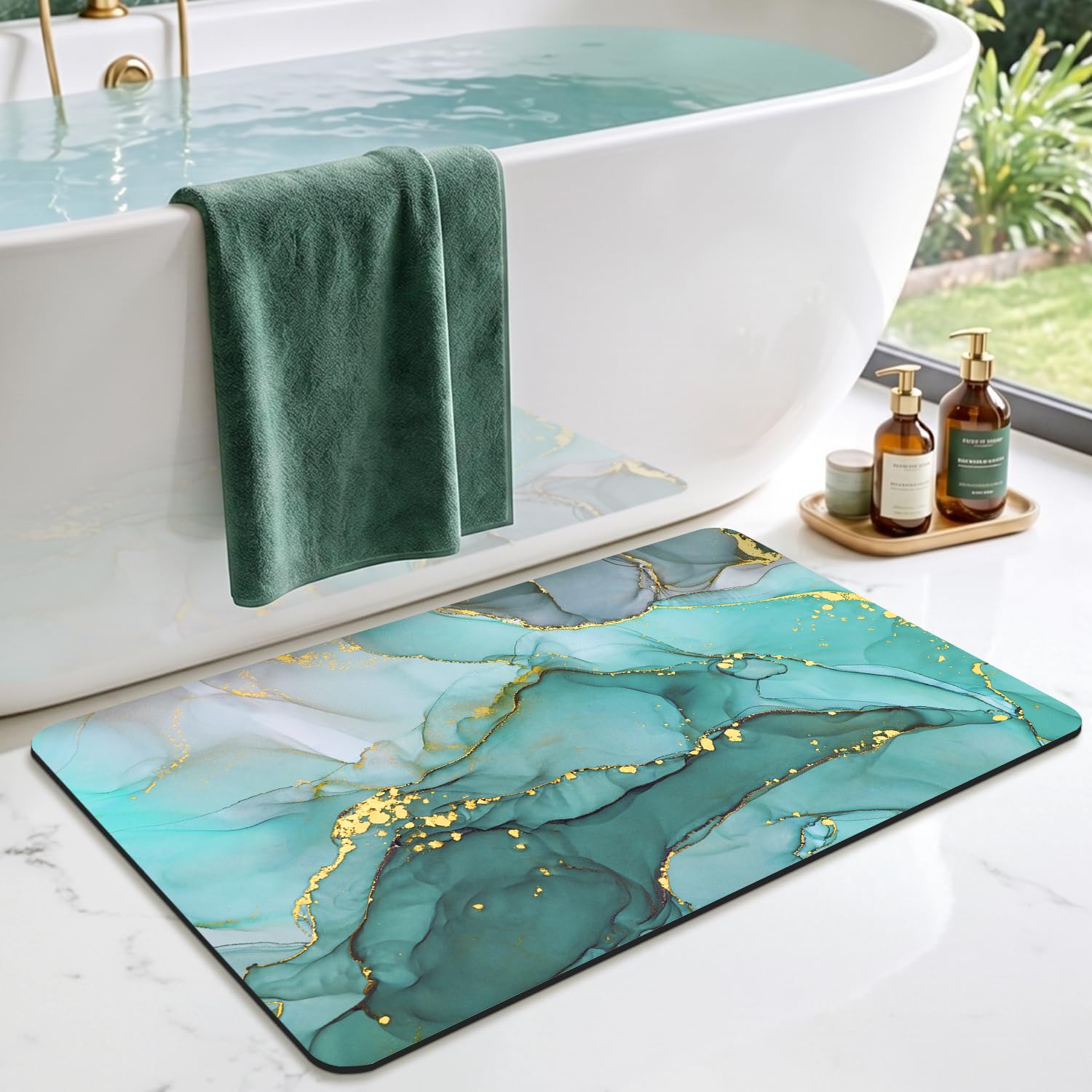 DEXI Non-Slip Bath Mat 50 x 80 cm, Super Absorbent Quick Drying Thin Bathroom Mats for Bathtub Side Floor, Easy to Clean, Turquoise Green