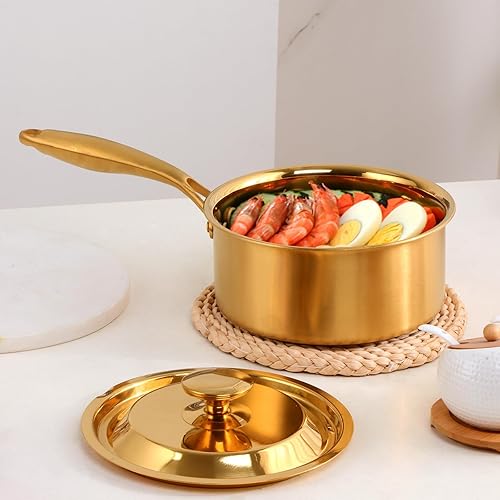 Miniatura 7 de BuyGo - Cacerola de acero inoxidable 188, sartén dorada de 2.5 cuartos de galón con mango largo resistente al calor, olla multiusos de 3 capas,