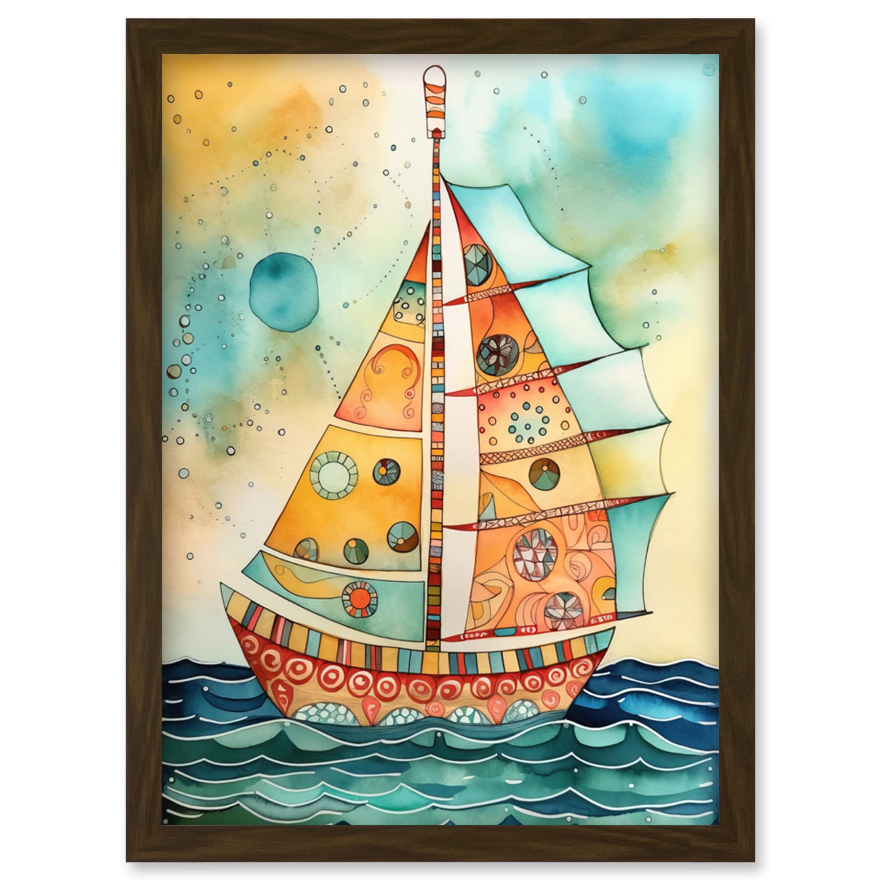 Artery8 Sailboat Concept With Dorsal Fin Sail Folk Art Artwork Framed Wall Art Print A4