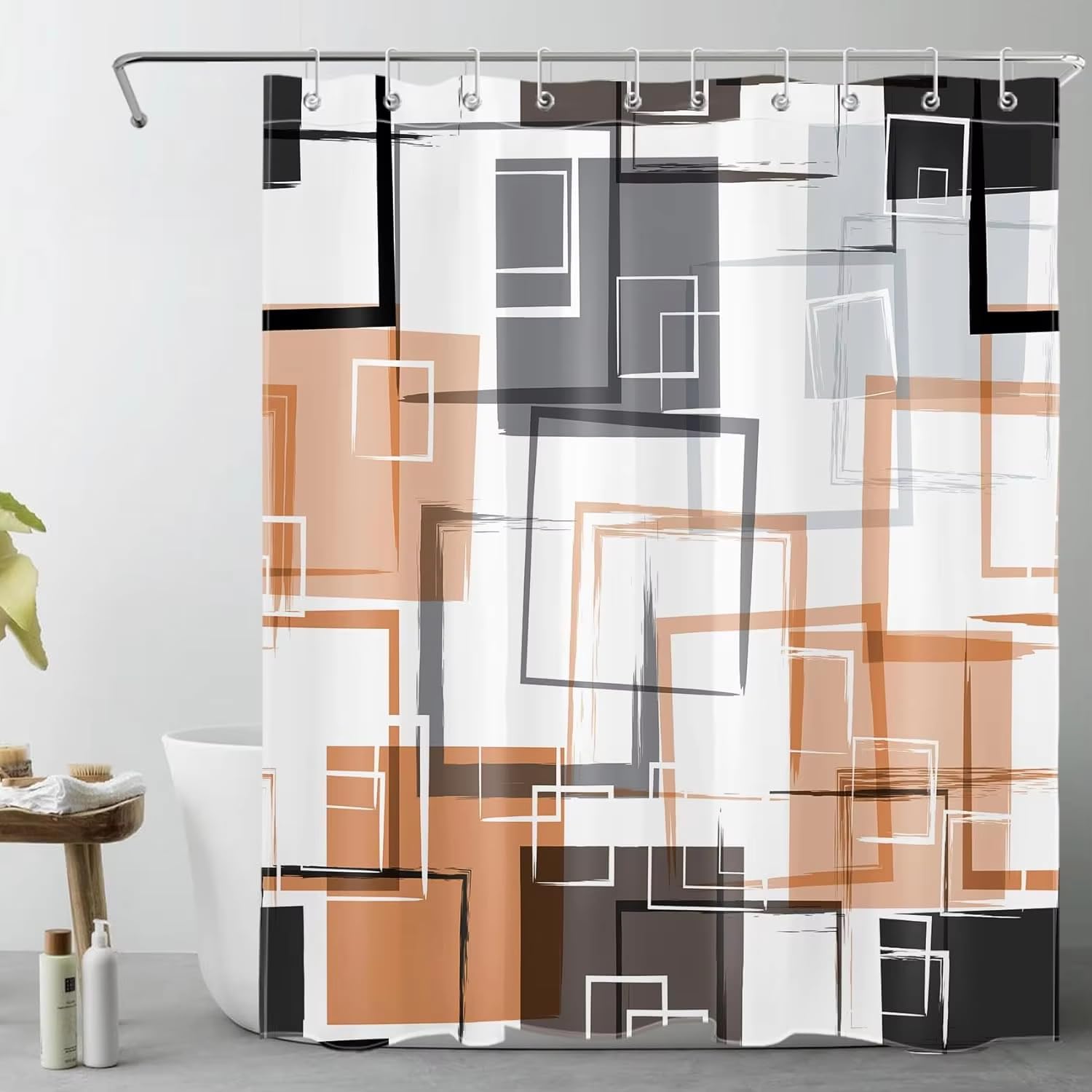 KELAIMI Abstract Geometric Grid Shower Curtain,Modern Art Bathroom Curtains with Hooks,Neutral Quick-Drying Polyester Bathtub Curtains For Bathroom Orange 200X240Cm