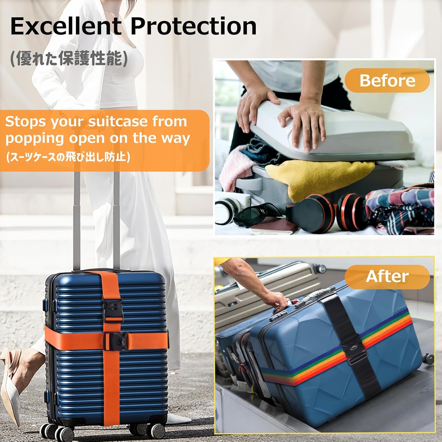 Luggage Straps for Suitcases Heavy Duty Adjustable Travel Belts with Sliding Buckle Easy to Identify Travel Accessories for Connecting Two Suitcases 4 Pack (Black)