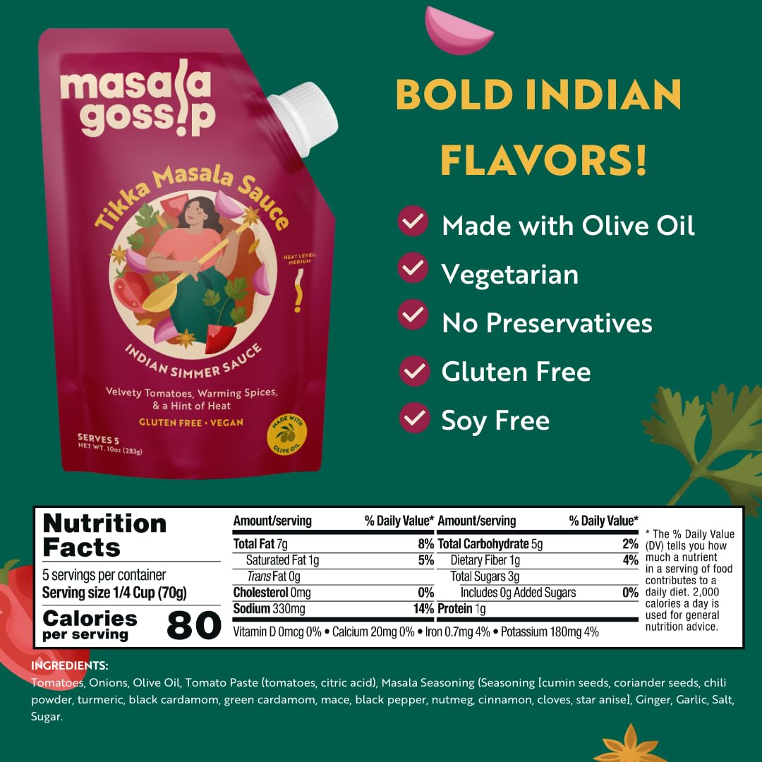 Masala Gossip Tikka Masala Simmer Sauce 10 oz - Authentic Curry Sauce - Plant-Based, Gluten-Free, Seed Oil Free, No Artificial Preservatives - 10 oz Pack of 2