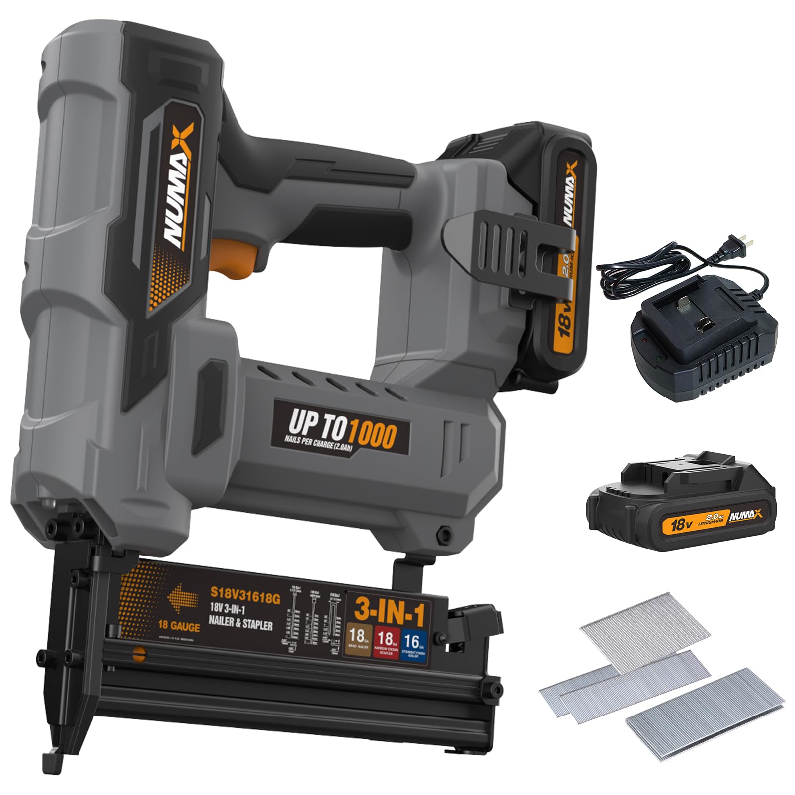 18V Cordless 3-in-1 Nail Gun Kit – 2" 16 & 18 Gauge Finish Nailer, Brad Nailer, and Narrow Crown Staple Gun – Includes Battery, Charger & Fasteners – S18V31618G