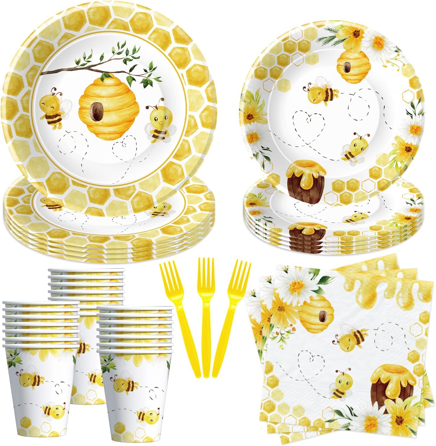 Bee Baby Shower Decorations Paper Plates And Napkins Party Supplies - Bee Birthday Party Decorations, Plate, Cup, Napkin, Fork, Bumble Theme Day Tableware | Serves 24 (Pack of 2)