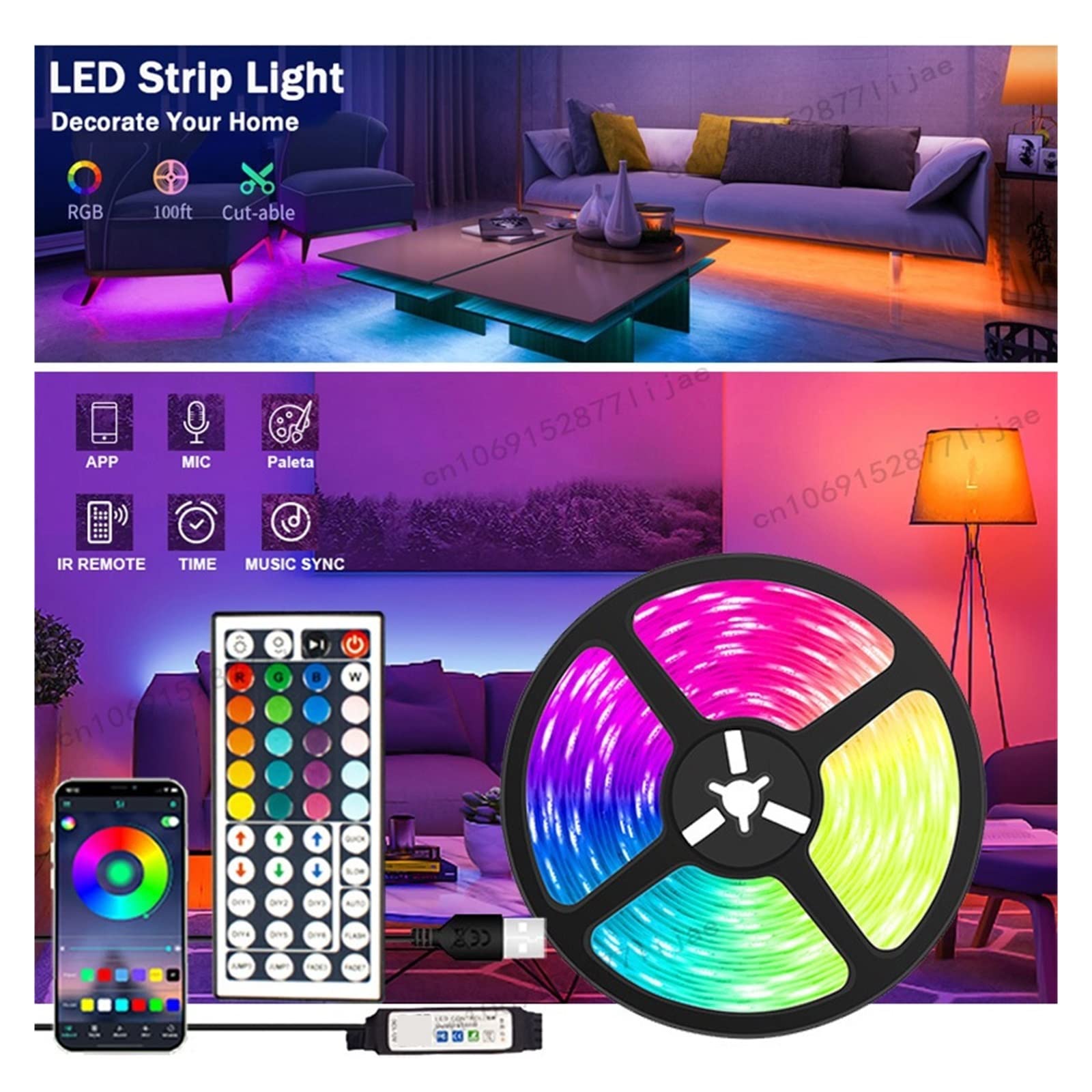 Tira LED para decoración de habitación, retroiluminación de TV, control remoto Bluetooth, 1 m, 2 m, 4 m, 5 m, cinta RGB, tira de luz LED 5050 color para Navidad (BT_1M)