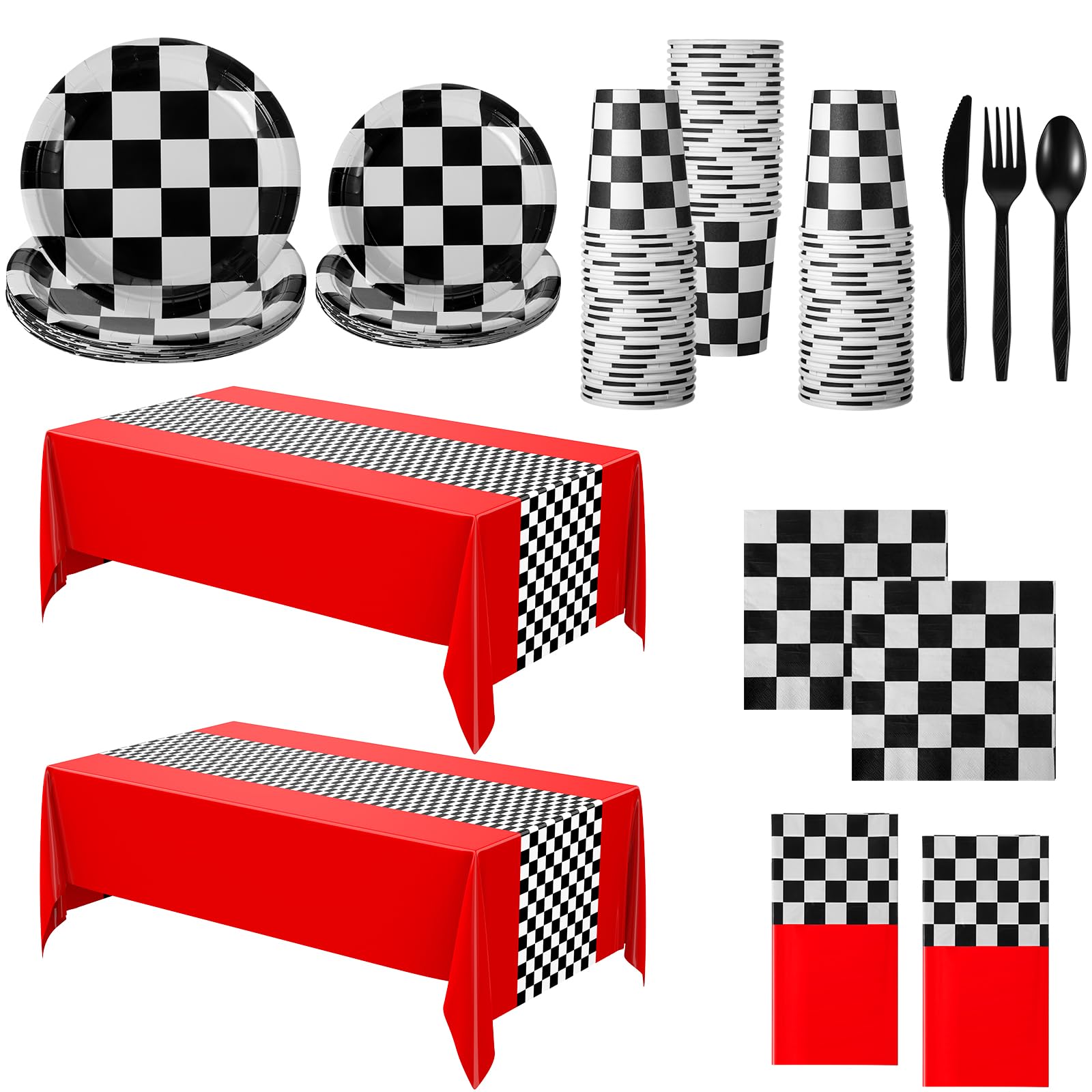 Oudain 162 Pcs Racing Car Birthday Party Supplies Racing Car Tableware Sets for 20 Guests Checkered Race Themed Rectangular Tablecloth Plates Cups