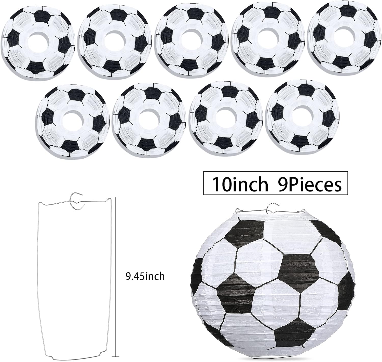 9-Piece 10-Inch Soccer Paper Lanterns for Kids Birthday Party, Sports Theme Bar, Football Game Party Favor