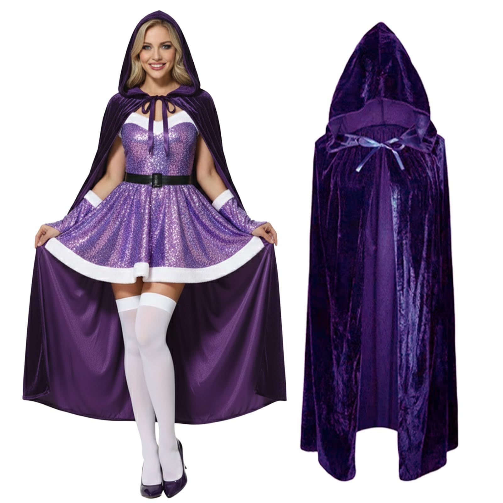 Pinkgarden Velvet Hooded Cloak for Adults, Unisex Halloween Cape, Witch Cosplay Costume, Long Hooded Robe for Party & Fancy Dress (Purple, 150cm) โ image 1