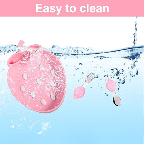 Miniatura 6 de Pinko Coral Juego de alimentación de bebé de silicona suave, suministros de destete para bebés, platos para bebés con succión dividida, juego de